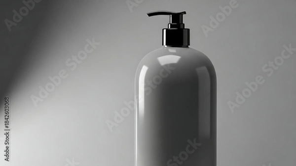 Fototapeta "sleek, high-quality shampoo bottle mockup, smooth plastic texture with a pump dispenser, shown with subtle lighting to highlight the product’s features--v 6.1 --ar 16:9 --q 2"