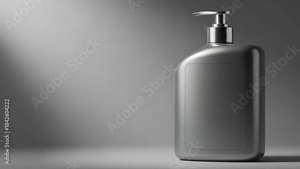 Fototapeta "sleek, high-quality shampoo bottle mockup, smooth plastic texture with a pump dispenser, shown with subtle lighting to highlight the product’s features--v 6.1 --ar 16:9 --q 2"