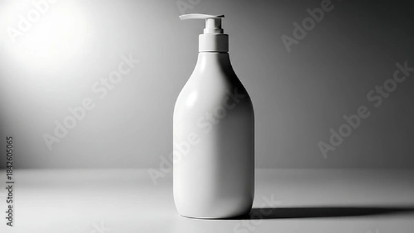 Fototapeta "sleek, high-quality shampoo bottle mockup, smooth plastic texture with a pump dispenser, shown with subtle lighting to highlight the product’s features--v 6.1 --ar 16:9 --q 2"