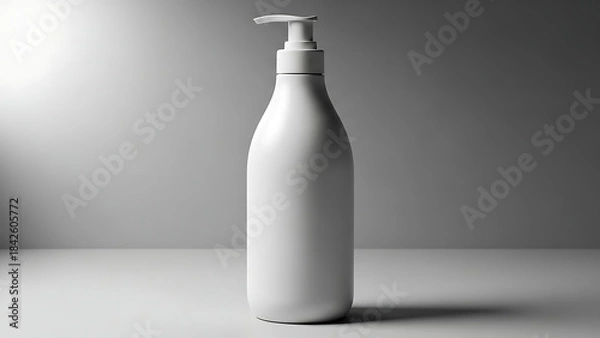 Fototapeta "sleek, high-quality shampoo bottle mockup, smooth plastic texture with a pump dispenser, shown with subtle lighting to highlight the product’s features--v 6.1 --ar 16:9 --q 2"