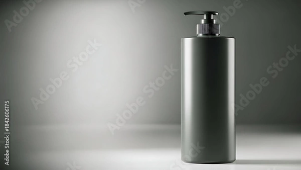 Fototapeta "sleek, high-quality shampoo bottle mockup, smooth plastic texture with a pump dispenser, shown with subtle lighting to highlight the product’s features--v 6.1 --ar 16:9 --q 2"