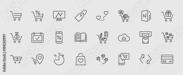 Fototapeta Shopping Cart Vector Line Icons Set: Money, ATM, List Products, Vegetables, Bank Card, Terminal, Bag, Favorite Shopping, Gifts, Express Checkout, Mobile Shop and more. Editable Stroke. 32x32 Pixel
