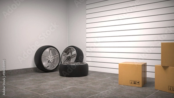 Obraz Tires and boxes in garage. Close up. 3D rendering