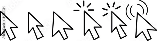 Obraz 
Cursor mouse click icon set. Computer mouse click cursor gray arrow icons. hand pointer, click effect, arrow pointer, icons. Arrow click pixel cursor set. Mouse cursor pointer collection.
