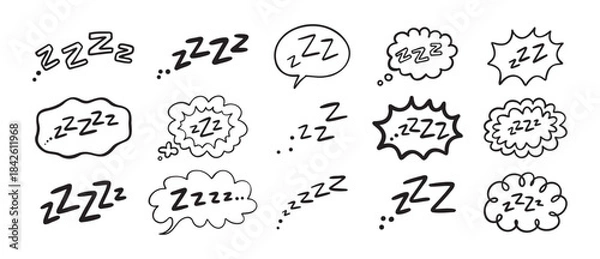 Fototapeta Zzz Zzzz bed sleep snore sound bubble set, snooze nap Z sound icon cloud set. Sleepy Zzz doodle hand drawn line icons