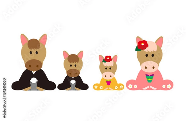 Obraz 着物を着て挨拶する馬の四人家族の年賀状イラスト