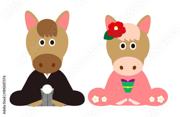 Obraz 着物を着て正座で挨拶する馬の夫婦のかわいい年賀状イラスト