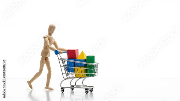 Obraz ショッピングカートを押し爆買いするデッサン人形