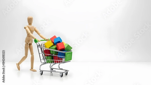 Obraz ショッピングカートを押し爆買いするデッサン人形
