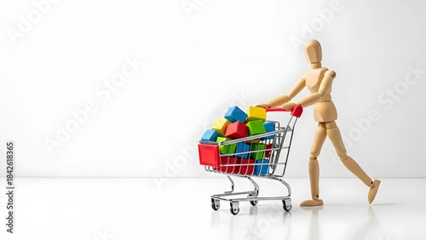 Obraz ショッピングカートを押し爆買いするデッサン人形
