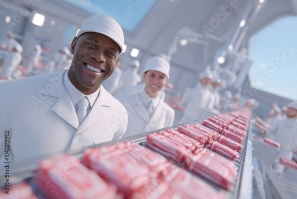 Obraz Smiling Factory Workers with Crab Sticks