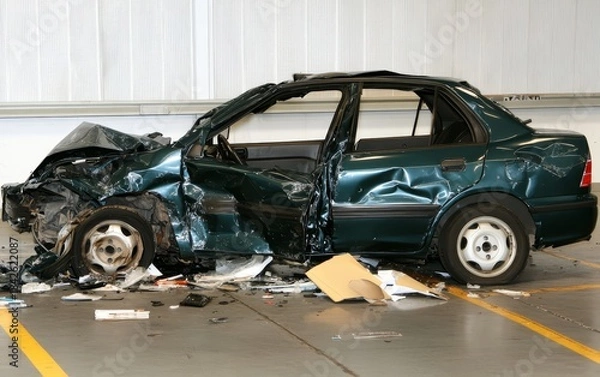 Obraz Green sedan with extensive damage from a collision, showcasing crumpled metal and shattered glass in a car safety testing facility or accident investigation area