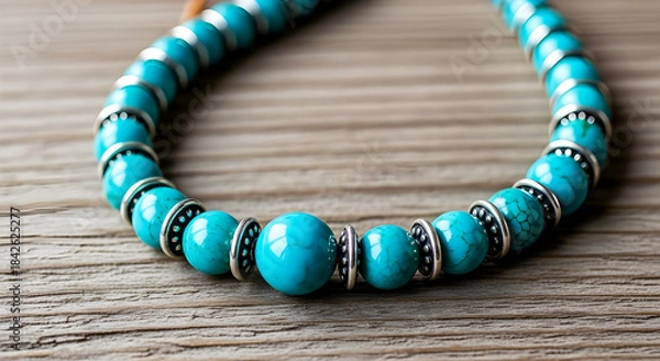 Fototapeta Turquoise Bead Necklace With Silver Spacers Resting On Rustic Wooden Surface
