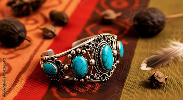 Fototapeta Elegant Turquoise Stone Bracelet With Silver Filigree Detailing On Colorful Boho Background