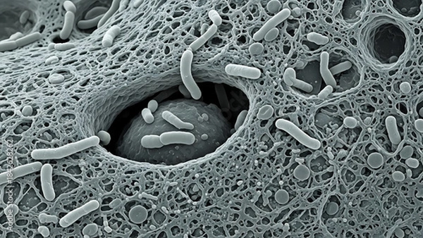 Fototapeta Diverse bacterial microorganisms colonizing intricate organic matrix and porous surface, visualized