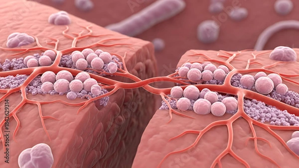 Fototapeta High-resolution 3D visualization of complex cellular interactions within biological tissue architecture