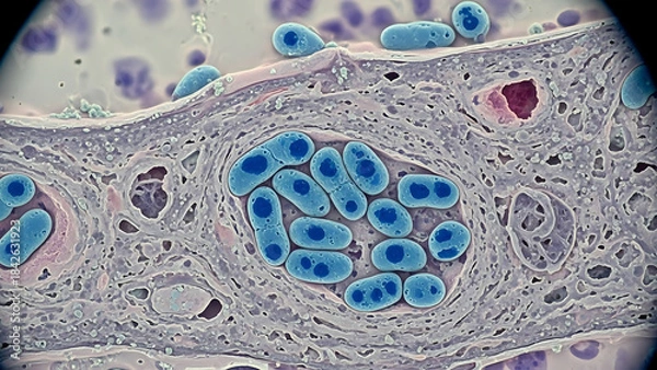 Fototapeta Microscopic view of bacteria within a tissue sample, stained for visibility