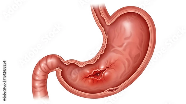 Fototapeta Detailed illustration of a human stomach displaying a bleeding peptic ulcer within its internal lining