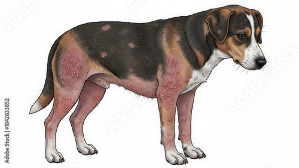 Fototapeta Illustration of a dog with skin irritation and inflammation, showing redness and patchy fur loss