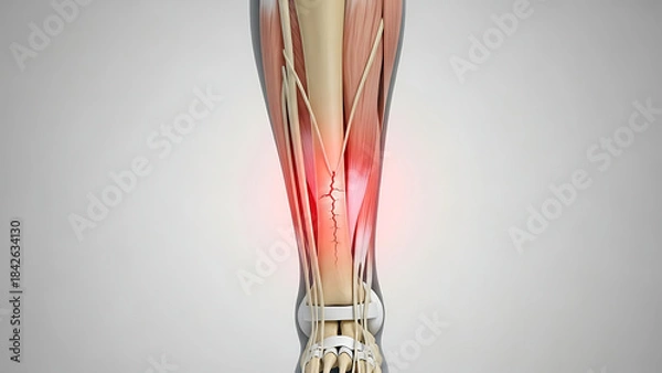 Fototapeta Detailed 3D anatomical rendering of an Achilles tendon injury with highlighted pain in the human leg