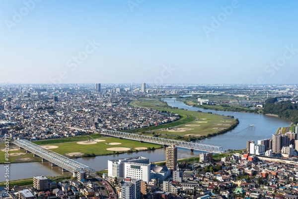 Obraz 千葉県から見る江戸川と東京の都市風景２