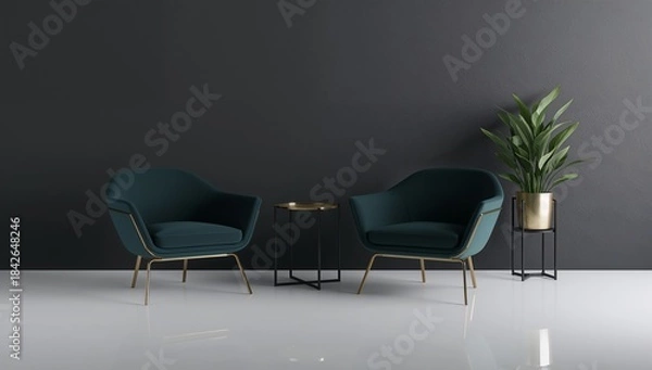 Fototapeta Modern minimalist interior with dark teal armchairs, a metallic gold side table, a green indoor plant in a gold pot, and a glossy white floor, creating an elegant, balanced, and sophisticated design.