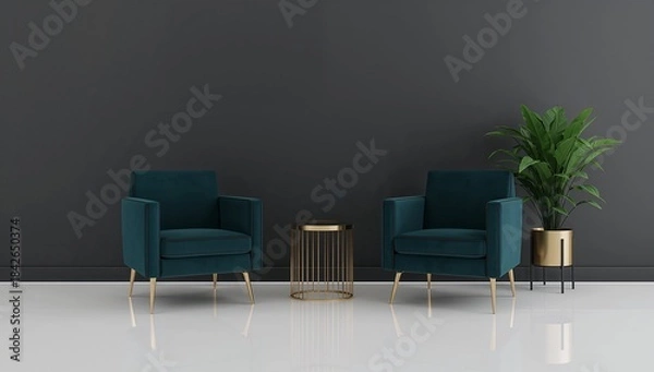 Fototapeta A modern minimalist interior with dark teal armchairs, a metallic gold side table, a green indoor plant in a gold pot, a glossy white floor, creating an elegant, balanced, and sophisticated design.