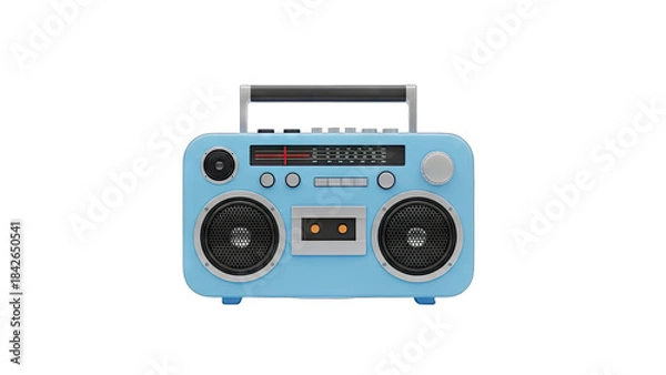 Obraz Retro blue boombox portable audio player with cassette tape and speakers on a black background with a silver handle and chrome accents showcasing a vintage aesthetic