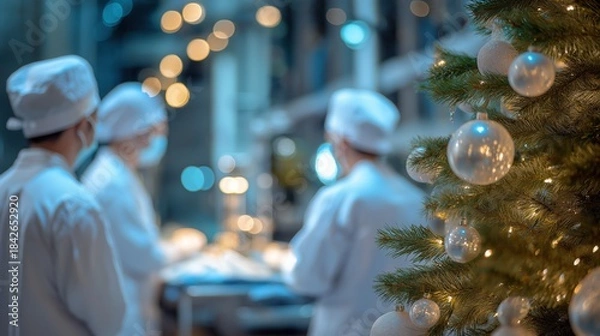 Fototapeta a christmas tree with lights and new year's toys on the table in an operating room of a hospital, with doctors wearing christmas hats working around it.	

