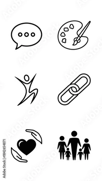 Fototapeta Simple line art and solid vector icons set communication palette human figure link heart hands and family group isolated on clean white backdrop