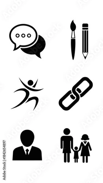 Fototapeta Universal black and white icons set communication creativity motion family connections person silhouette modern vector collection simple graphic elements for web design applications