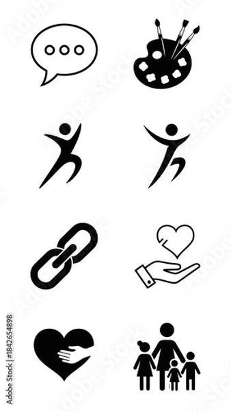 Fototapeta Set of black silhouette and line vector icons idea art movement chain link heart care and family isolated on clean white background simple graphic symbols