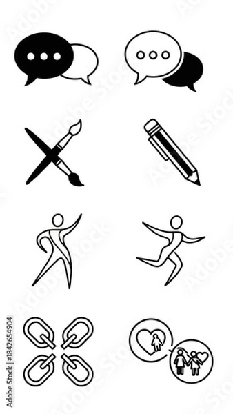 Fototapeta Outline icon collection showing communication drawing sport and relationship themes featuring chat bubbles art tools abstract figures and chain links black line art vectors