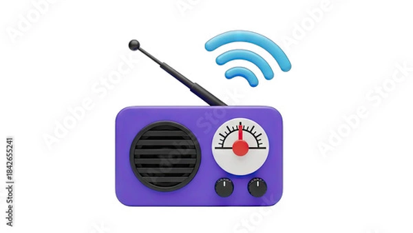 Obraz Retro Purple Radio Transmitter Emitting Blue Wi-Fi Signals on a Black Background with a Transparent Background Effect