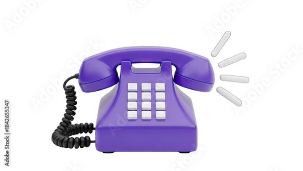 Obraz Retro Purple Rotary Telephone With White Buttons And Black Cord Ringing With White Sound Waves On Transparent Background