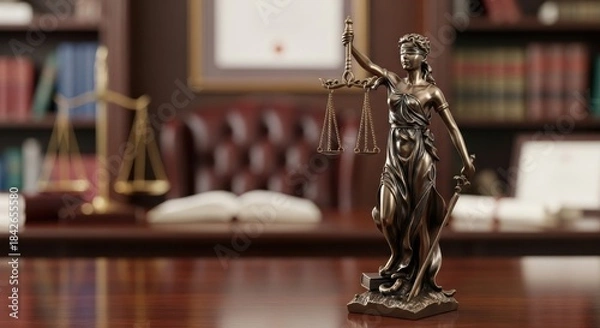Obraz Justice statue on wooden table in law office