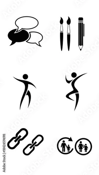 Fototapeta Abstract icons set communication art brushes pencil dancing fitness link chain connection family group isolated white background graphic design elements concept