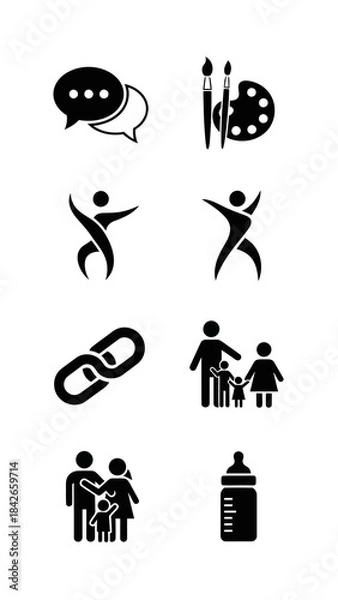 Fototapeta Abstract vector icon set chat bubble palette brushes active figures link chain family groups feeding bottle silhouette simple pictograms creative logo concepts