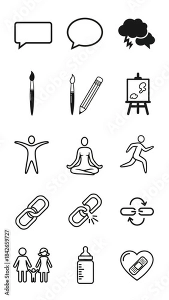 Fototapeta Outline icons set communication weather art drawing painting active figures connection chain family care symbols feeding bottle isolated white background vector graphics