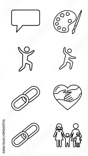 Fototapeta Set of line art icons including speech bubble art palette paintbrush happy people jumping chain links helping hands heart shape family with children vector illustration
