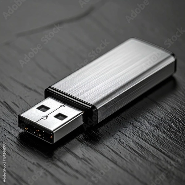 Obraz Silver USB drive on dark wood. Data storage