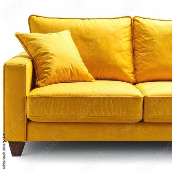 Obraz Bright yellow sofa with plush pillows, close-up view