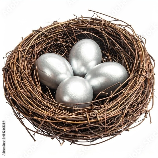 Obraz Eggs nestled in twig nest, silver and gleaming
