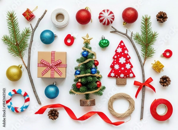 Fototapeta Christmas Flat Lay Composition with Gift and Tree Arch