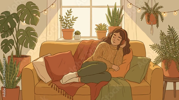 Obraz Relaxed young woman with headphones listening to music while resting on a cozy couch in a warm, sunlit living room filled with many green houseplants and string lights