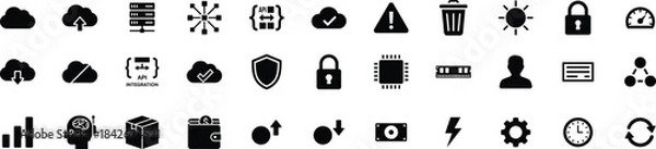 Obraz Cloud computing icon set. Vector glyph icons of cloud storage, server hosting, API integration, security, networking, data processing, and technology management.