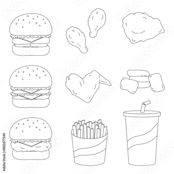 Fototapeta hamburger fried chicken outline set