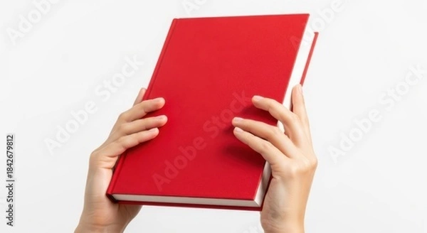 Obraz Hand holding a red book against white background