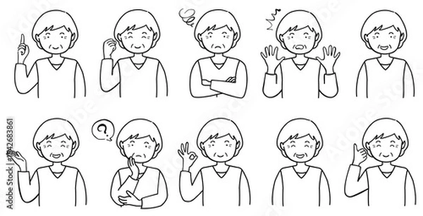 Fototapeta ポーズをとる高齢女性のイラストセット　線画