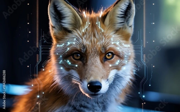 Fototapeta Close up portrait of a fox with digital overlay and glowing eyes